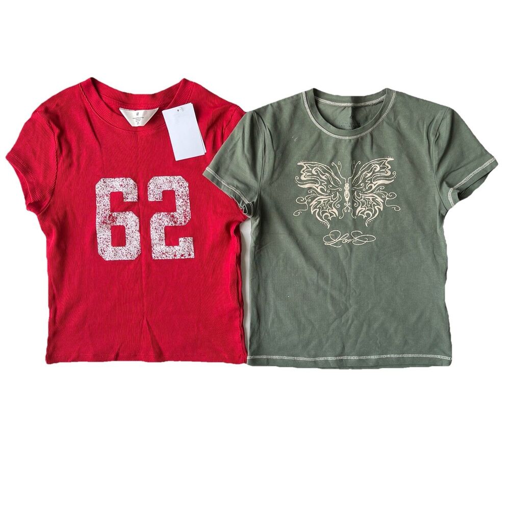 Lot Of 2 H&M Youth Girls Size 12-14 Yr Short Sleeve Crewneck Tops Red/Green